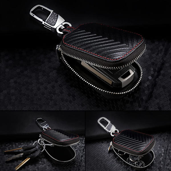 Bilnøgleetui, lædernøgleetui nøglepose nøglering med lynlås bilnøglecover med metal krog bilnøglepung unisex Black