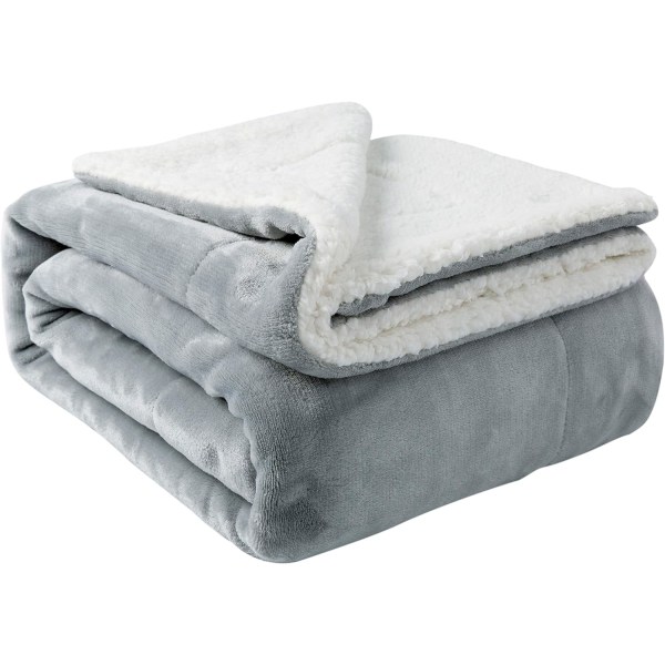 Sherpa-teppe Varme tepper for vinter Supermyk Fuzzy Flanell Fleece/Ull som vendbar fløyelsplysj Sofa-teppe Lett Light Grey 60"x80"