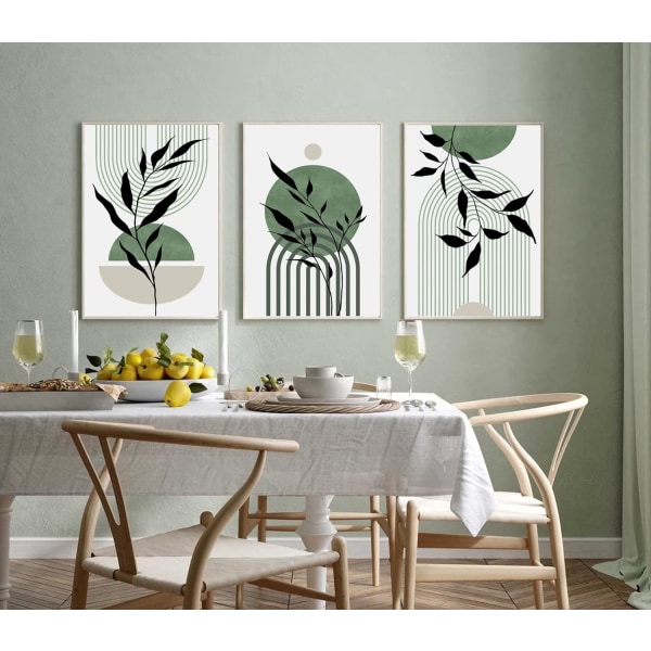 Mid Century Modern Väggkonst Set om 3 Salviagrön Canvas Väggkonst Boho Prints Grön Väggdekor, för Vardagsrum Sovrum