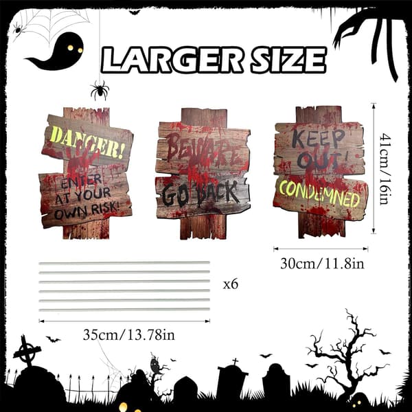 3-delt Halloween Blodplettet Advarselsskilt, Halloween Gravsten til Udendørs Brug, Havedekoration, 41x30cm