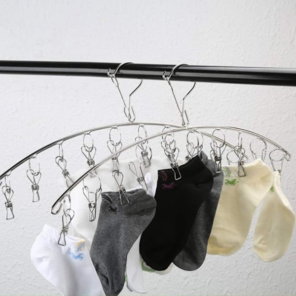 Hängande klädhängare i rostfritt stål, strumphängare, torkställningshängare med 10 klämmor för tygblöjor, behåar, handdukar, underkläder, halsdukar, handskar (2 st)