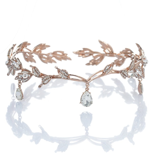 Remedios Rhinestone Leaf Wedding Crown Pannband, Crystal Pendent Tiara Pannband för Bröllopsbal födelsedag rose gold