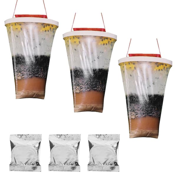 3-delars flugfångarkit för inomhus/utomhusbruk, röda flugfällor, transparent flugfälla refill, för fruktflugor