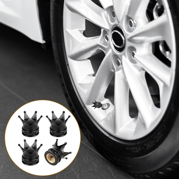 4 KPL Kruunu Rengasventtiilin Hatut Auton Rengasventtiilien Suojukset - Mustat Auton Rengasventtiilien Suojukset Universaali Sovitus Kaikkiin Autoihin, Maastoautoihin, Kuorma-autoihin ja Moottoripyöriin