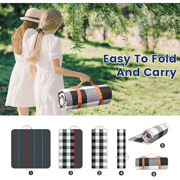 Piknikteppe Ekstra Stort, Vanntett og Sammenleggbart Strandteppe, for Camping, Park, Strand, Gress, Innendørs Black & White Grids