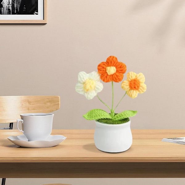 2 Pak Hæklede Potteplanter Strikkede Hæklede Blomster Små Strikkede Blomster i Potte med Plastik Blomsterpotte Hæklet Blomst style 1
