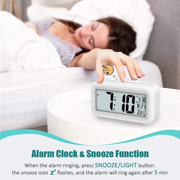 Digital väckarklocka, 12/24 timmars sängklocka med LCD-skärm, klocka med datum och kalendertemperatur White