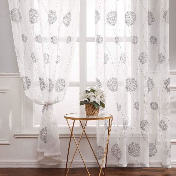 Gardiner Genomskinliga Voile Blommor Broderi Öglegardiner Transparent Gardiner 2 st Öglegardin Gardiner Par Fönstergardin För Vardagsrum Sovrum Gray 140*145cm