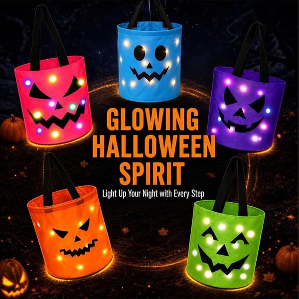 1 Halloween lysende godtepose, LED godtepose, gresskar godtebøtte