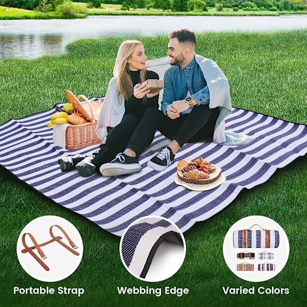 Piknikteppe Ekstra Stort, Vanntett og Sammenleggbart Strandteppe, for Camping, Park, Strand, Gress, Innendørs Blue & White