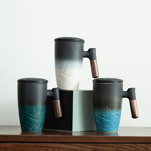 Tekop med låg, porcelænskrus med rustfri stål si, gradient stort keramisk tekrus, perfekt til kontoret, sort 350 ml