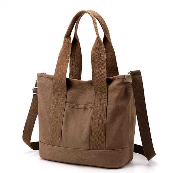 Canvas Tote Bag med Lommer for Kvinner, Skulderveske, Stor Kapasitet Skulderveske med Justerbar Stropp, for Shopping, Arbeid og Reise marrón L