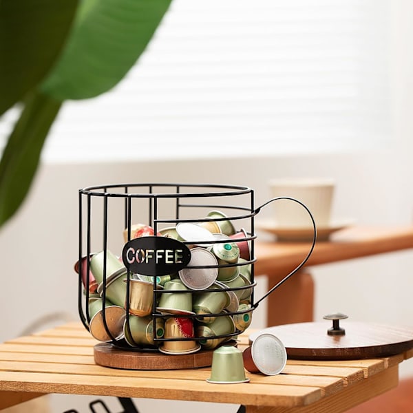 Kaffepods hållare, stor kapacitet svart tråd K-kopp förvaring med trälock, för pods & espressokapslar