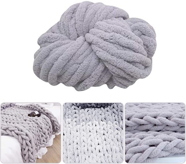 Uldgarn DIY Chenille Garn Super Chunky, 2 cm Garn, til Hækling og Strikning af Tæpper, Halstørklæde, Hat grey