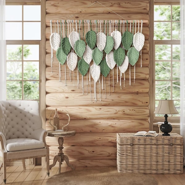 Macrame Väggbonad Stor Gobeläng Vävd Väggbonad Boho Macrame Blad Väggdekoration Fjäder Chic Vävd Konst White-light green-dark green