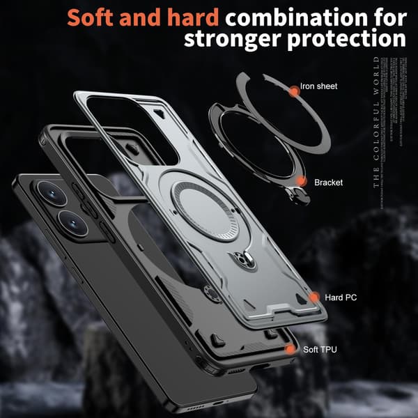 Xiaomi Redmi Note 14 4G Pansarfodral, 360 Metallring Kickstand Magnetisk Stötsäker Airbag Bumper Skal Grå