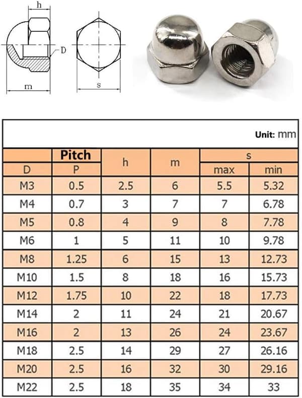 M8 Acorn Cap Nut Hex Nut Set 304 Rustfrit Stål (30stk)