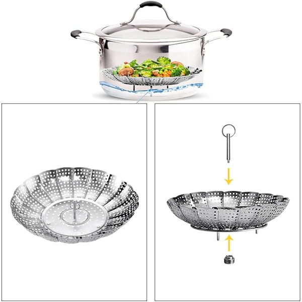 Madkvalitets rustfrit stål dampkurv, Foldbar, sammentrækkelig Silver 27cm