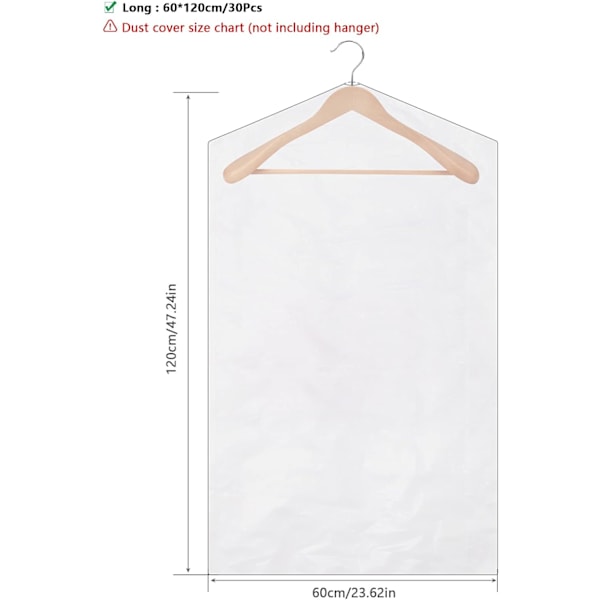 Tøjbetræk 30 stk. Støvbetræk Støvtæt pose Gennemsigtige beskyttelsesbetræk til kjoler Jakkesæt Frakker 60 x 120 cm