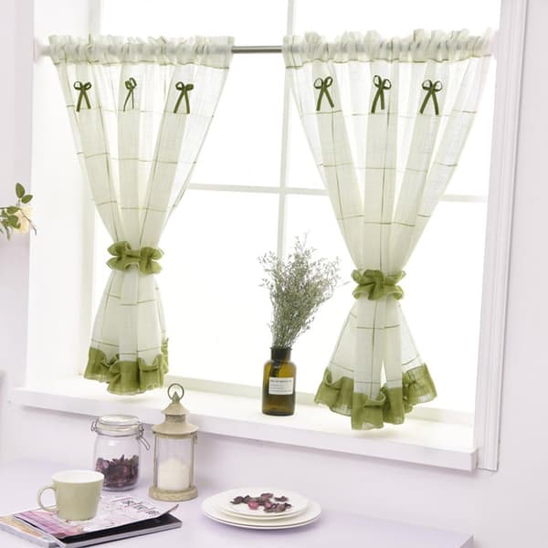 Linned panelgardin med slips, Bomuldsblanding, grøn, BxH 90x90cm
