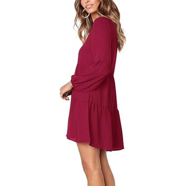 Kvinder Sommer Tunika Kjole V-hals Casual Løs Flowy Swing Shift Kjoler Burgundy XL