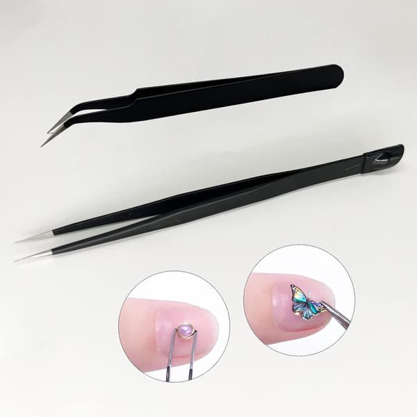 2 stk. neglekunstpincetsæt, lige og buet spids pincet til negledesign, rhinsten, manicuretilbehør
