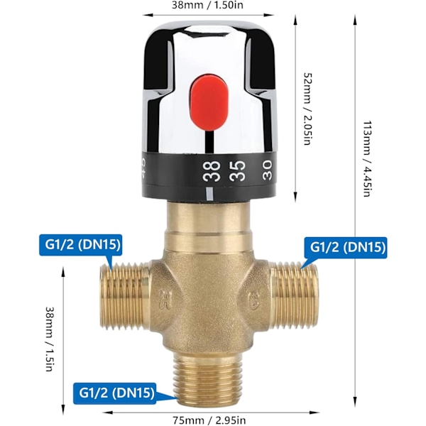Termostatisk Blandningsventil, Massivt Mässing 3-Vägs Varm-Kallvattenregulator 1/2\" BSP (15mm) Anslutning