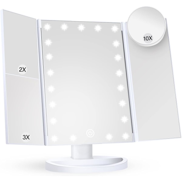 Sminkspegel med lampor, 2X 3X 10X förstoring, pekkontroll, trefaldig sminkspegel, dubbel power , bärbar sminkspegel (vit) White