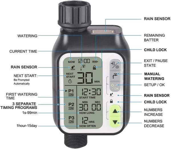 Sprinkler Digital bevattningsprogrammerare med regnsensor / automatisk och manuell styrning / regnsensor / barnsäkerhet