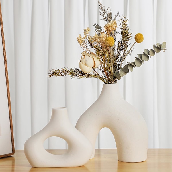 Vit Keramisk Vas Set om 2 för Modern Minimalistisk Bohemisk Dekor, Runda Matta Donut Vas för Pampasgräs white
