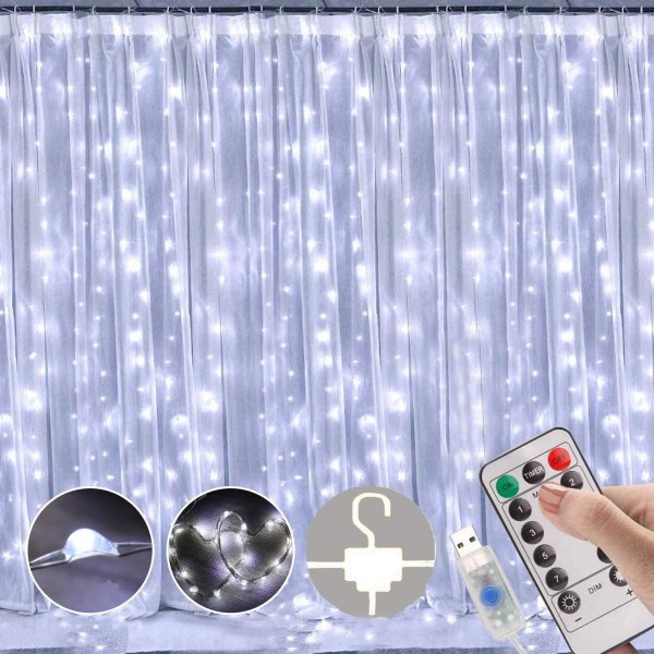LED Gardinlys, Vinduesgardin Fe Lys 3mx3m 300leds USB Betjent 8 Tilstande Icicle LED Lyskæde med Fjernbetjening & Timer Cool White