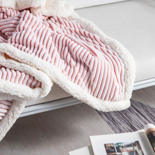 Fleece Teppe Vendebar Sherpa Flanell Teppe Myk Ullteppe Plysj Teppe Varm Koselig Med Stripe Perfekt Kast for Alle Sesonger Pink 60"x80"