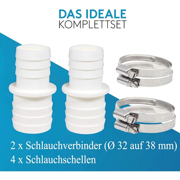 Pakke med slangekoblinger med slangeklemmer, svømmebassengslangetilpasning, dobbel slangeende (2 x 32 til 38 mm)