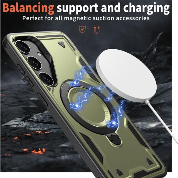 Samsung Galaxy A37 / A36 Armor Case, 360° Metallringstöd, Magnetisk Stötsäker Airbag Bumper, Militärgrön