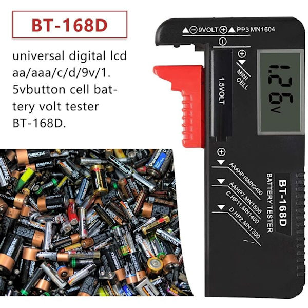Digital batteritester, universal batteritester, batteritester, til AA, AAA, C, D, PP3, 9V, 1,5V, knapcellebatterier