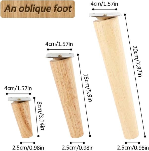 Sæt med 4 massive træ sofaben, møbelfødder til lænestol, natbord, garderobe, skuffe (8 cm, skrå)