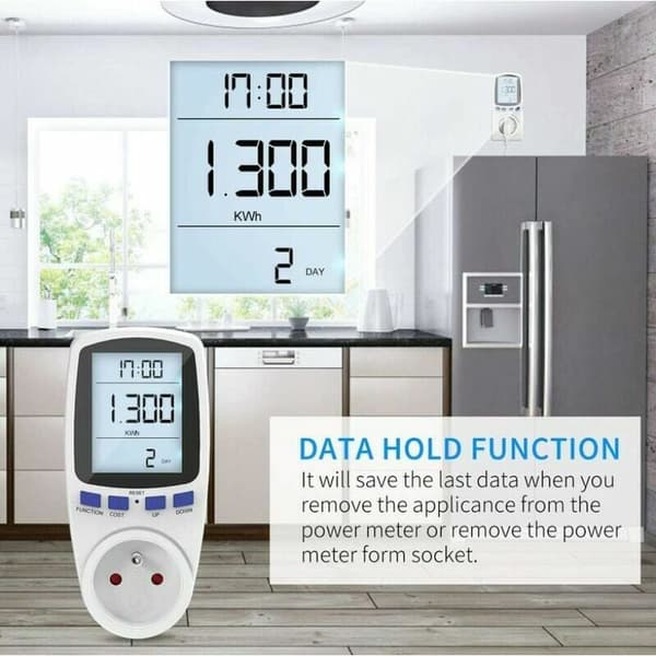 Energimåler Wattmeter Socket, Elektrisitetsenergimåler Socket med 7 Moduser, Energimåler med LCD-skjerm for Energisparing, 3680W
