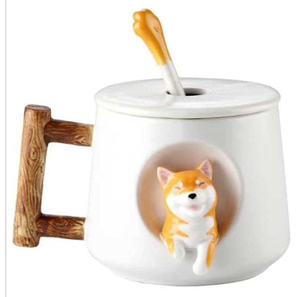 3D Söpö Koirakahvimuki Keraamiset Teekupit Kannella ja Lusikalla Sarjakuva Shiba Inu Kuppi Upotettu Eläin Ulkopuolella Aamumuki 420ML White