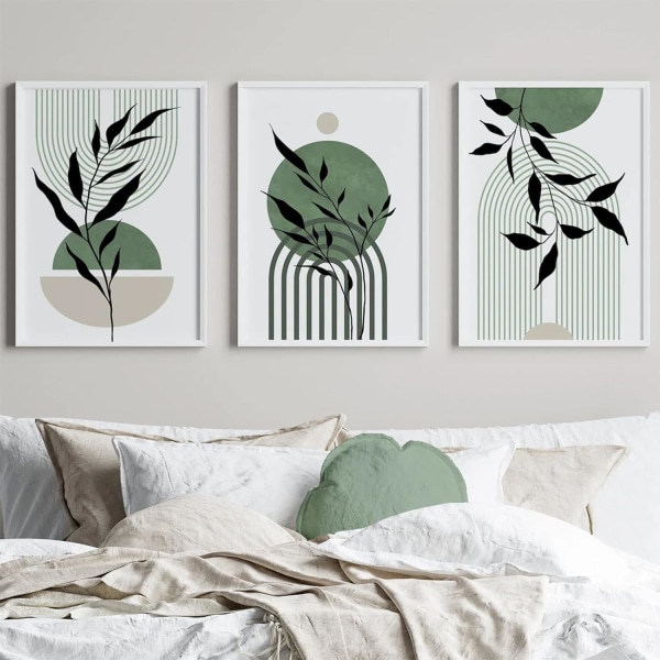 Mid Century Modern Väggkonst Set om 3 Salviagrön Canvas Väggkonst Boho Prints Grön Väggdekor, för Vardagsrum Sovrum