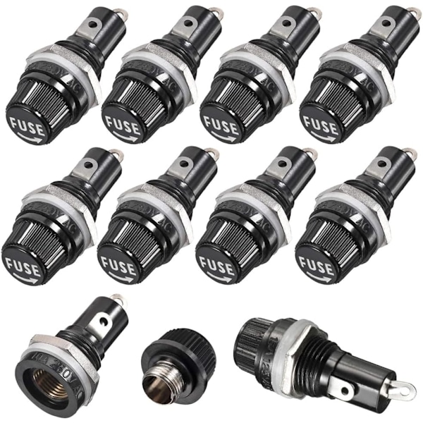 10 stk. 5 x 20 mm sikringsholder AC 10A 250V sort skruehætte sikringsholder, panelmonteret skruehætte sikringsholder