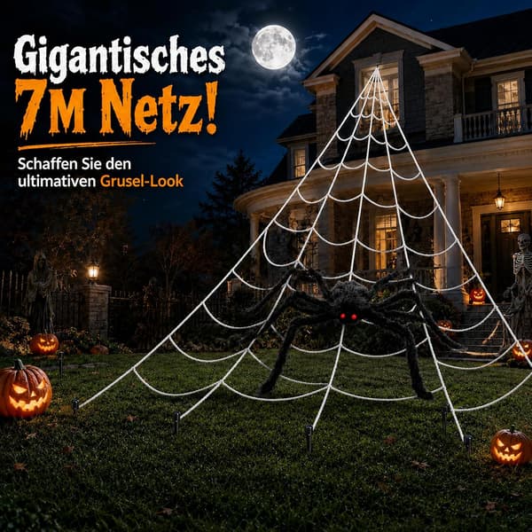 Spindelvev (7 meter), gigantisk edderkopp 150 cm, inneholder 20 edderkopper og 40 gram spindelvev, Halloween-dekorasjon