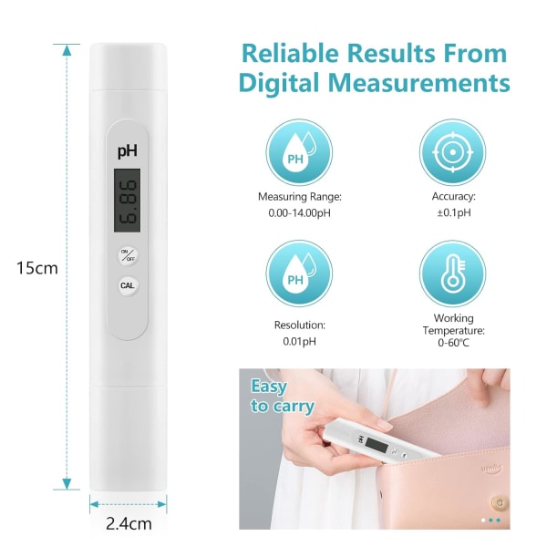 Elektronisk pH-mätare, 0 till 14 pH-mätområde, hög precision pool pH-testare, pH-mätare för pool, akvarium, dricksvatten