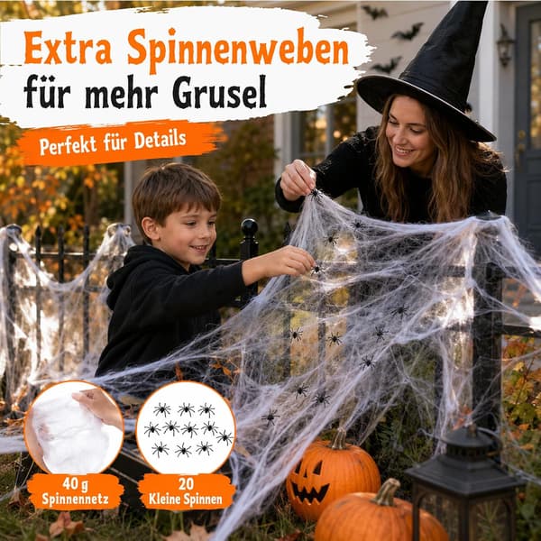 Spindelvev (7 meter), gigantisk edderkopp 150 cm, inneholder 20 edderkopper og 40 gram spindelvev, Halloween-dekorasjon