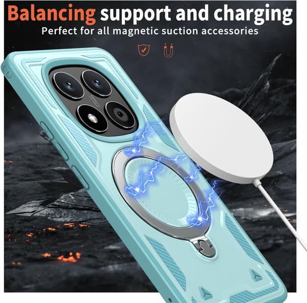 Xiaomi Redmi Note 14 Pro/Plus 5G Armor-deksel, 360 Metallring Støtteben Magnetisk Støtsikker Airbag Bumper-deksel Lyseblå