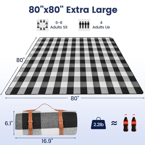 Picnic Tæppe Ekstra Stort, Vandafvisende og Foldbart Strandtæppe, til Camping, Park, Strand, Græs, Indendørs Black & White Grids