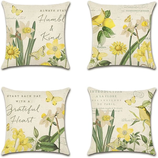 Set med 4 Dekorativa Kuddfodral 45x45cm, Vattentäta Prydnadskuddfodral med Påskliljemönster, Perfekta för Uteplatsbänken