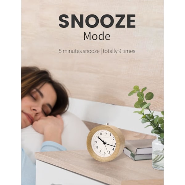 aboveClock Väckarklocka Sängbord, Tickfri Sängklocka med Snooze och Nattlampa Funktion, Analog Klocka Batteridriven