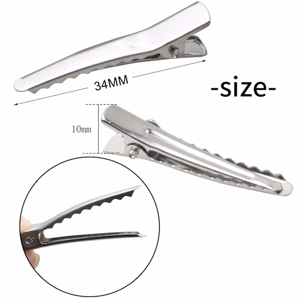 34MM pienet alligaattorin hiuspidikkeet, 100 kappaletta hopeanväriset metalliset alligaattorin hiusneulat hampaat jouset krokotiilin hiuspidikkeet pidikkeet tarvikkeet 34MM