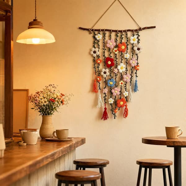 Boho Virkad Blomväggdekoration | Blommig Makramé Väggbonad i Bomull | Boho Lantlig Inredning med Kaskadblommor