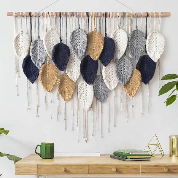 Macrame Väggbonad Stor Gobeläng Vävd Väggbonad Boho Macrame Blad Väggdekoration Fjäder Chic Vävd Konst White-navy-khaki-gray